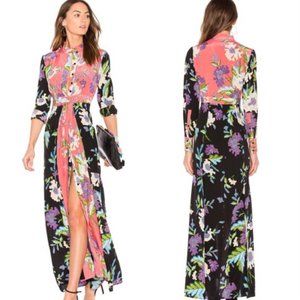 DIANE VON FURSTENBERG CURZON BLACK PINK CINCH WAIST SILK MAXI DRESS